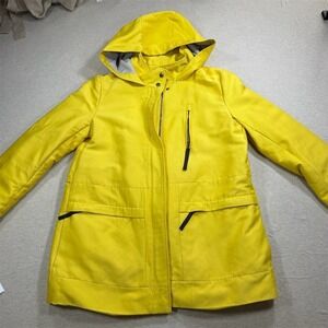 Zara basic Rain Coat Jacket Womens Size S Bright Yellow Hooded Zip Pockets